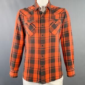 Size L Orange Black Plaid Cotton Snaps Western Long Sleeve Shirt